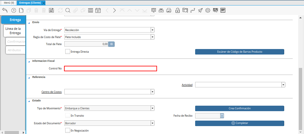 Campo Control No de la Ventana Entregas Cliente
