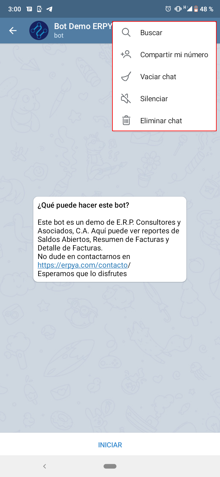 opciones del menú superior de la conversación
