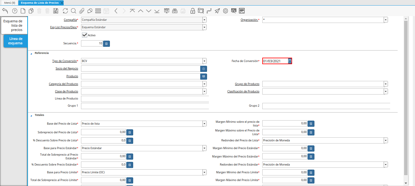 campo fecha de conversión de la pestaña línea de esquema