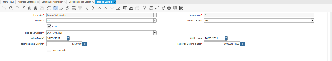 tipo de conversión y tasa a la fecha de la factura