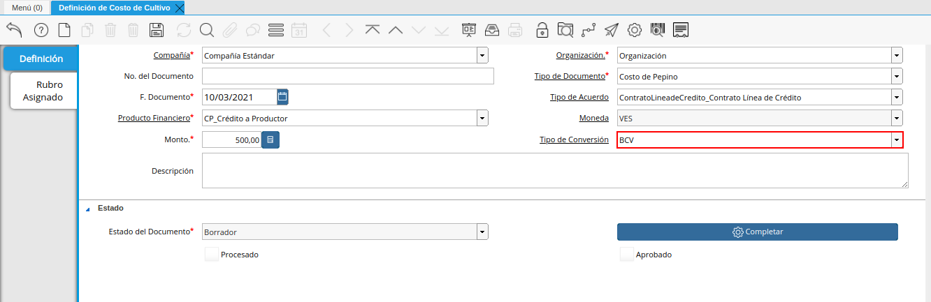 campo tipo de conversión de la ventana definición de costo de cultivo