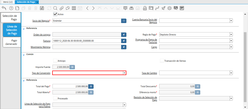 Campo Tipo de Conversión del Documento Orden de Pago desde Factura