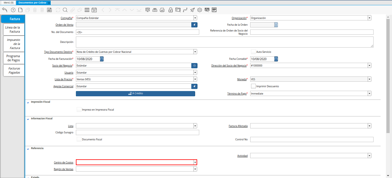 Campo Centro de Costos de la Nota de Crédito de CxC