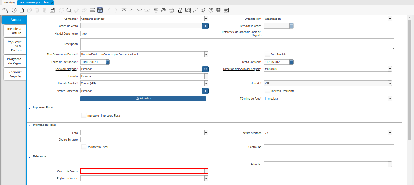 Campo Centro de Costos de la Nota de Débito de CxC