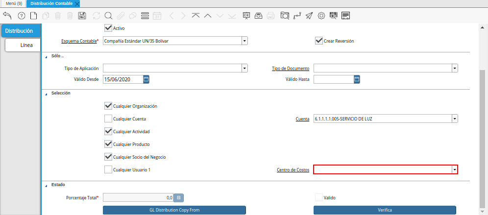 Campo Centro de Costos del Checklist Cualquier Usuario 1 de la Ventana Distribución Contable
