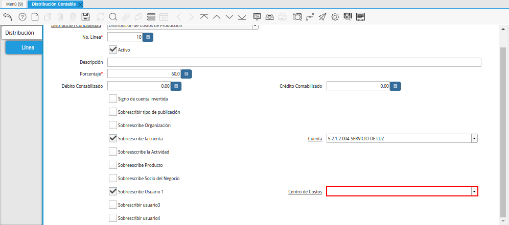 Campo Centro de Costos del Checklist Sobreescribe Usuario 1 de la Pestaña Línea de la Ventana Distribución Contable