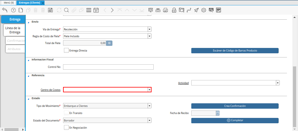 Campo Centro de Costos de la Ventana Entregas Cliente