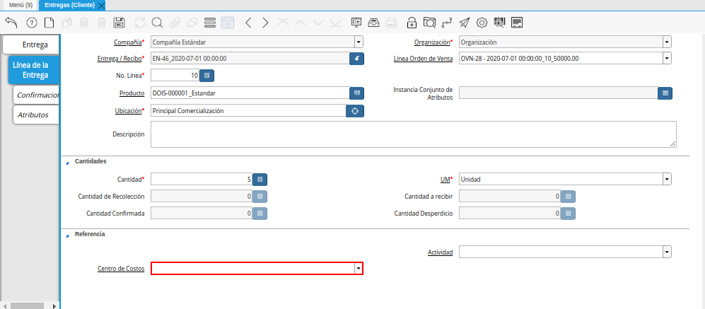 Campo Centro de Costos de la Pestaña Línea de la Entrega de la Ventana Entregas Cliente
