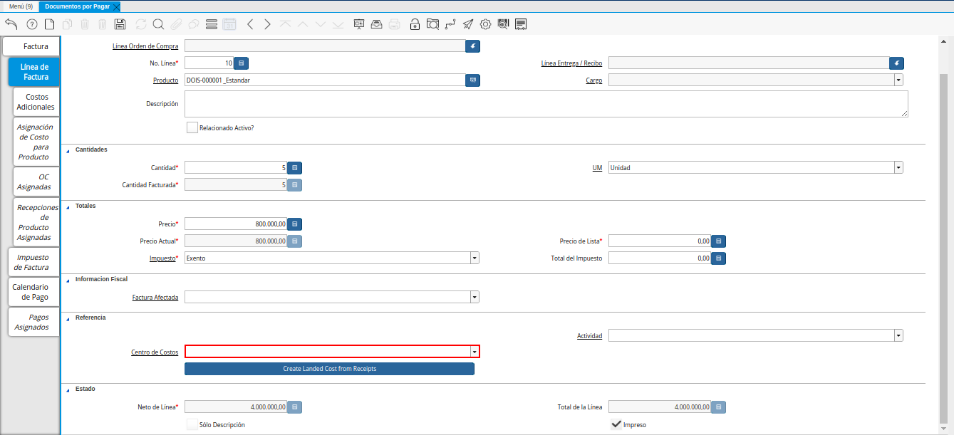 Campo Centro de Costo de la Línea