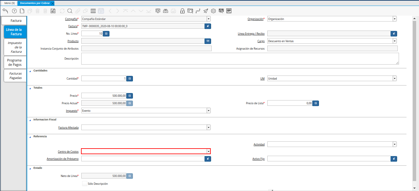 Campo Centro de Costos de la Pestaña de la Nota de Crédito de CxC
