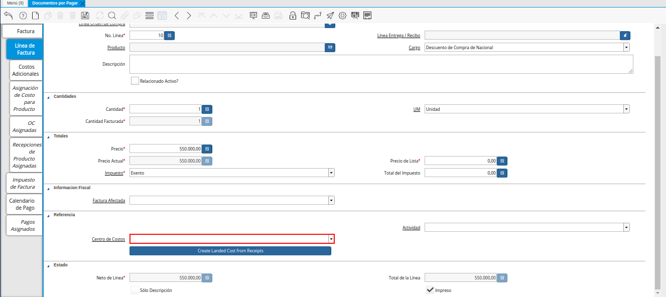 Campo Centro de Costos de la Pestaña Línea de la Factura de la Nota de Crédito de CxP