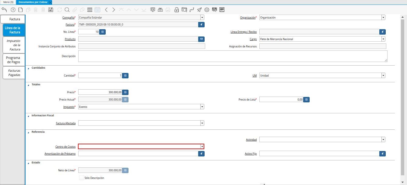 Campo Centro de Costos de la Pestaña de la Nota de Débito de CxC