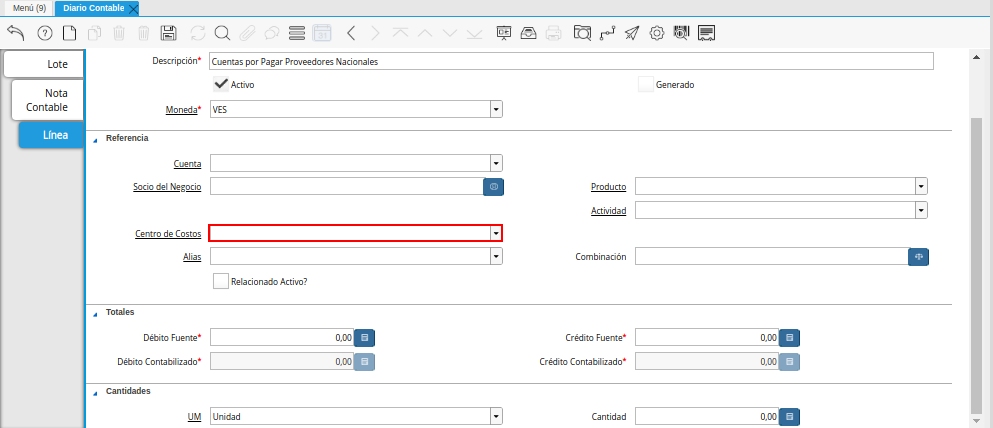 Campo Centro de Costos de la Pestaña Línea de la Ventana Diario Contable