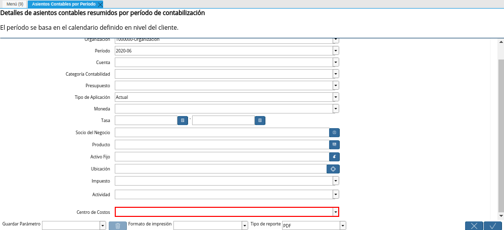 Campo Centro de Costos de la Ventana Asientos Contables por Período