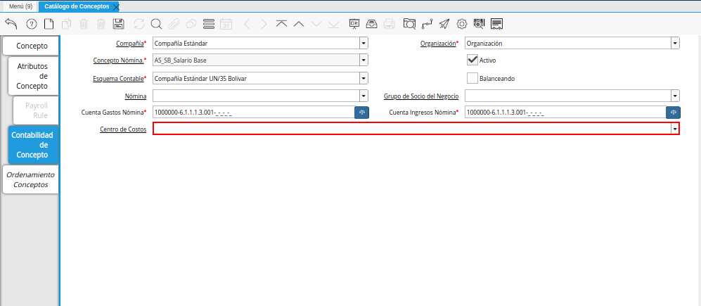 Campo Centro de Costos de la Pestaña Contabilidad de Concepto