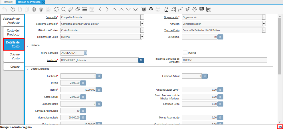 Pestaña Detalle de Costo de la Ventana Costos del Producto