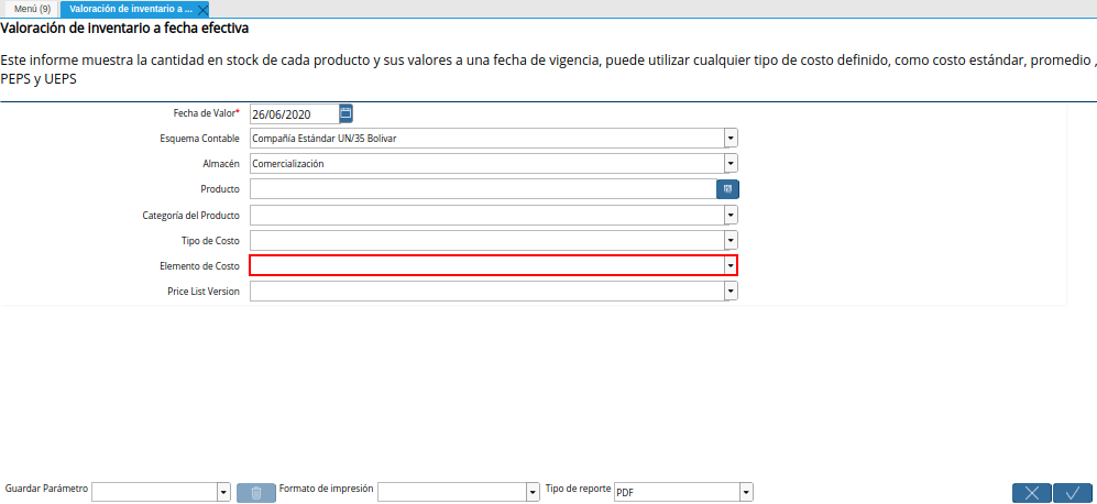 Campo Elemento de Costo de la Ventana Valoración de Inventario a Fecha Efectiva