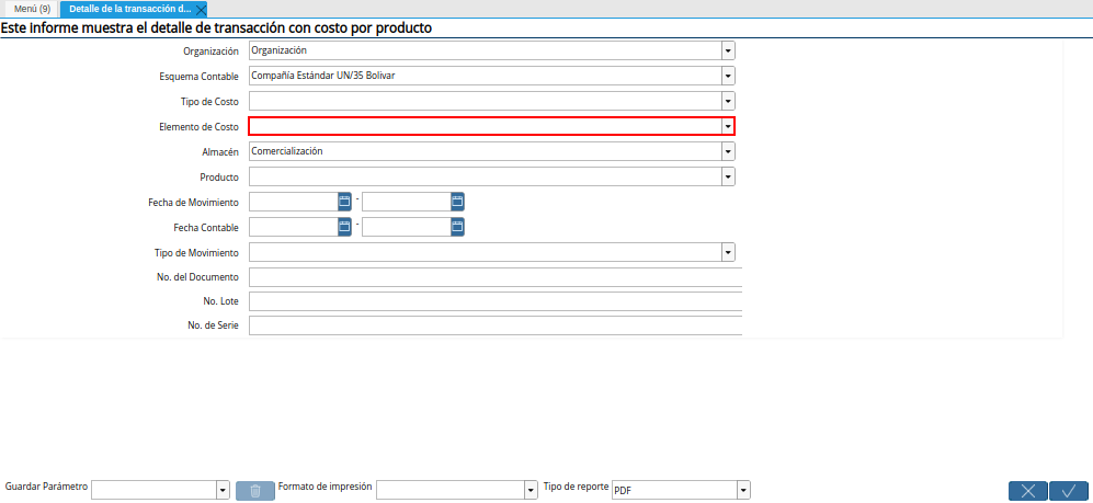 Campo Elemento de Costo de la Ventana Detalle de la Transacción de Costos