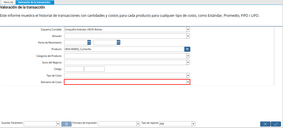 Campo Elemento de Costo de la Ventana Valoración de la Transacción