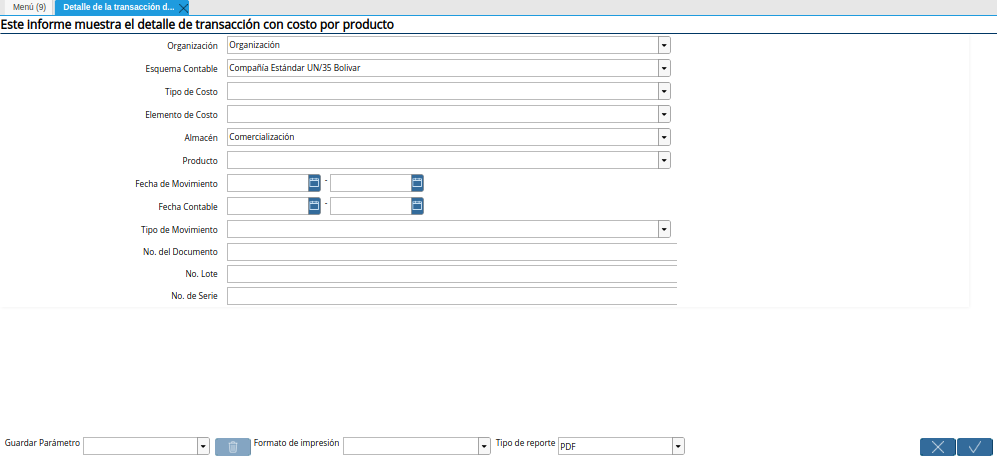 Ventana Detalle de la Transacción de Costos