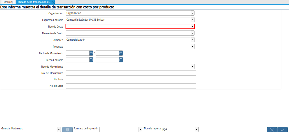 Campo Tipo de Costo de la Ventana Detalle de la Transacción de Costos