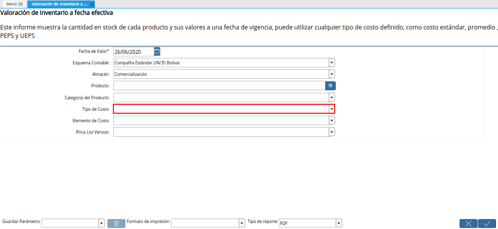 Campo Tipo de Costo de la Ventana Valoración de Inventario a Fecha Efectiva