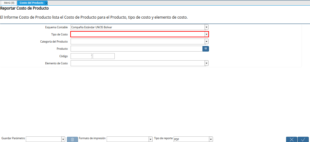 Campo Tipo de Costo de la Ventana del Reporte Costo del Producto