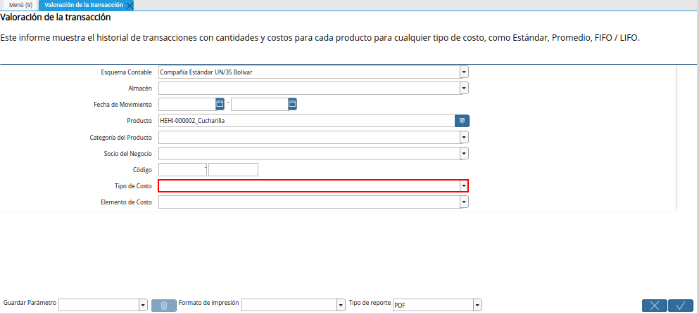 Campo Tipo de Costo de la Ventana Valoración de la Transacción