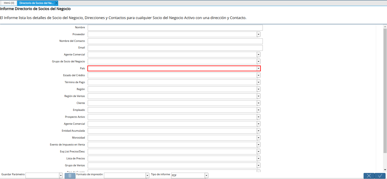 campo país del reporte directorio de socios del negocio