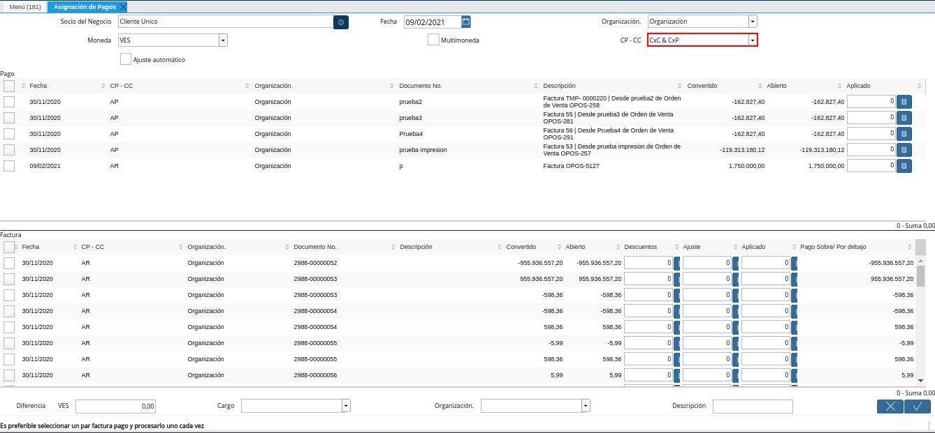 campo cp cc de la ventana asignación de pagos
