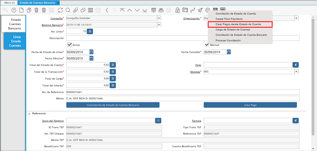 Opción Crear Pago desde Estado de Cuenta para Pagos Cobros sin Registros
