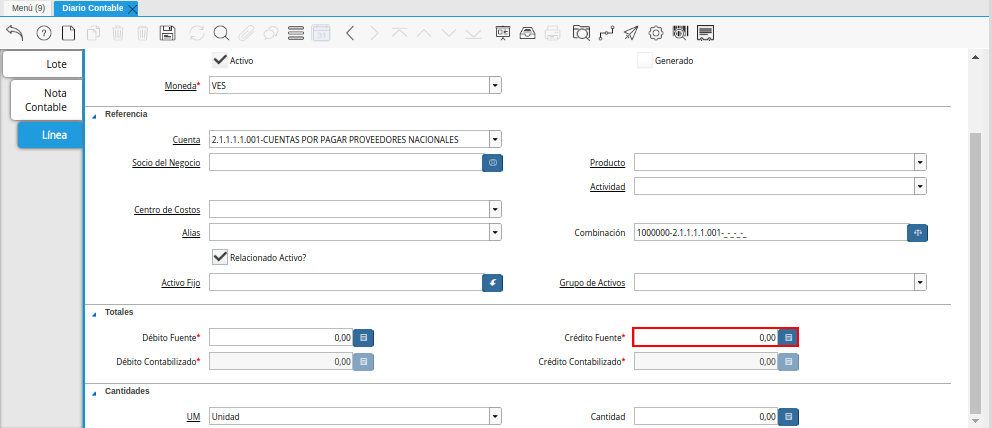 Campo Crédito Fuente de la Pestaña Línea de la Ventana Diario Contable