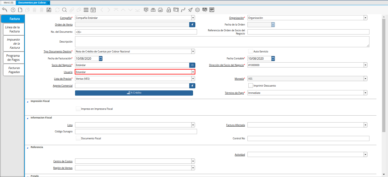 Campo Usuario de la Nota de Crédito de CxC