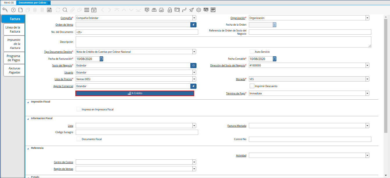 Opción A Crédito de la Nota de Crédito de CxC