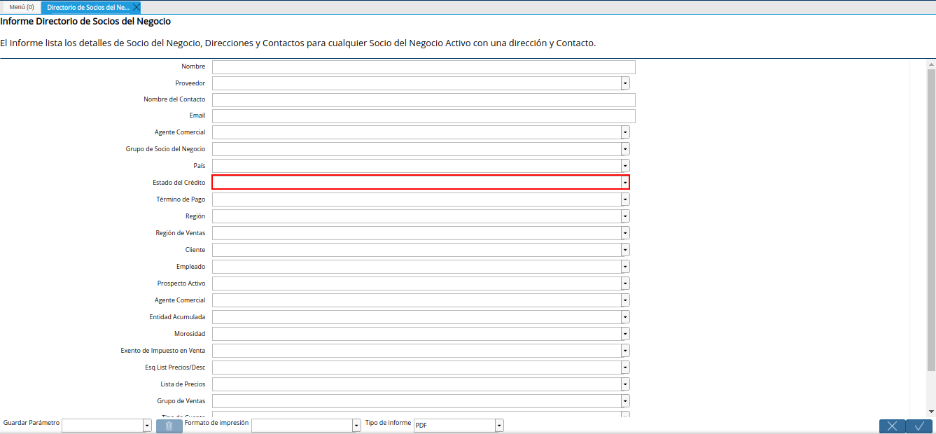 campo estado del crédito del reporte directorio de socios del negocio