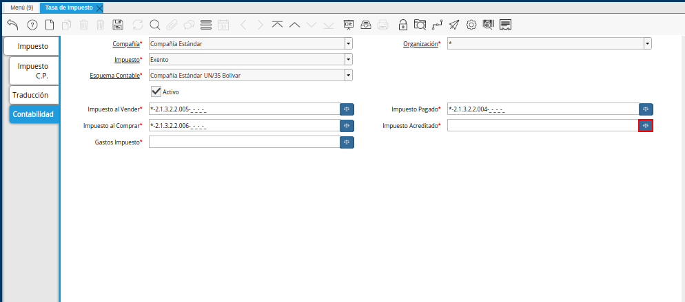 Campo Impuesto Acreditado de la Pestaña Contabilidad de la Ventana Tasa de Impuesto