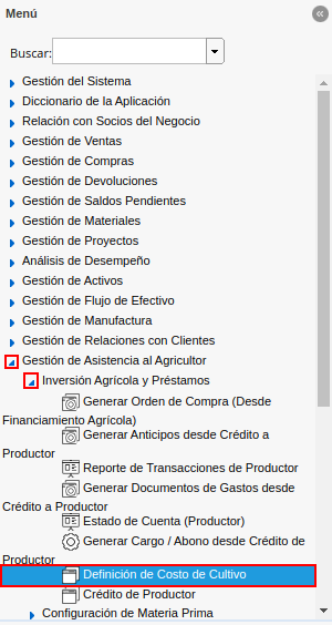 menú de definición de costo de cultivo