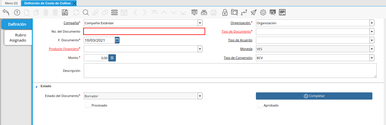 campo número del documento de la ventana definición de costo de cultivo