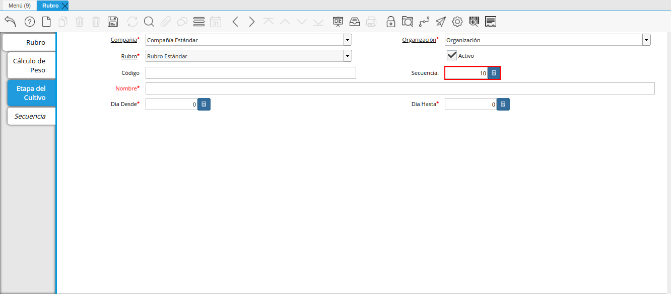 campo secuencia de la pestaña etapa del cultivo