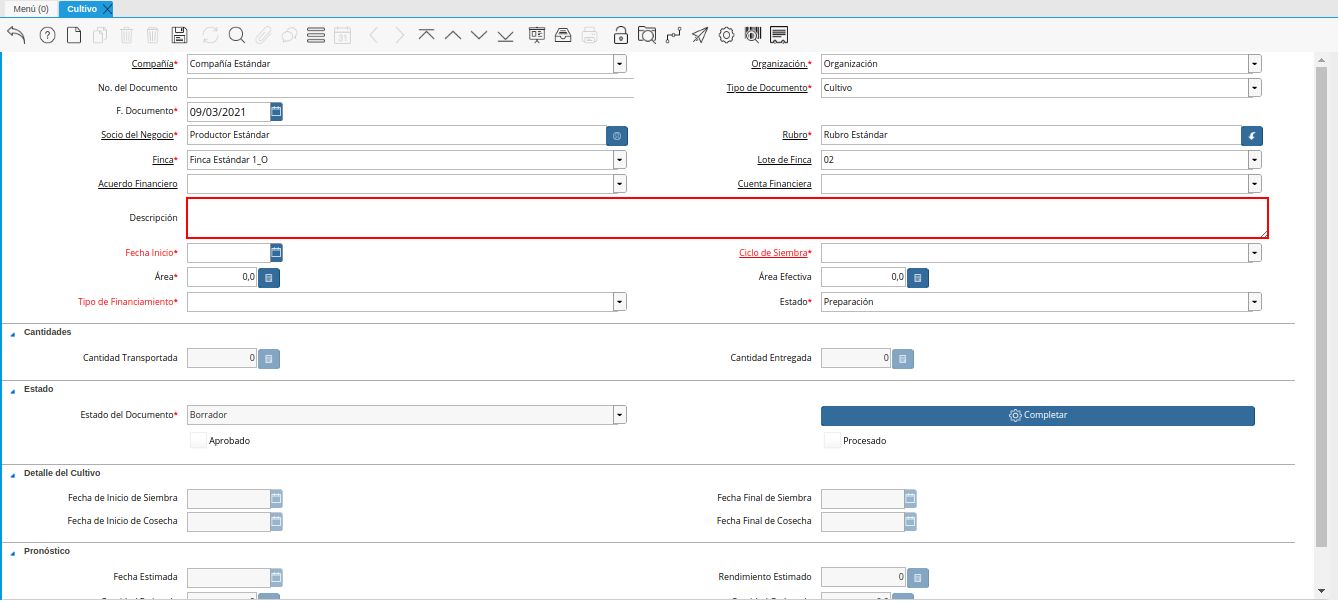 campo descripción de la ventana cultivo