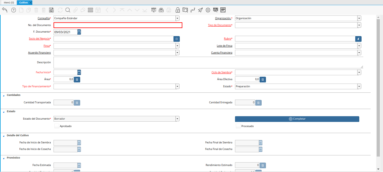 campo número del documento de la ventana cultivo