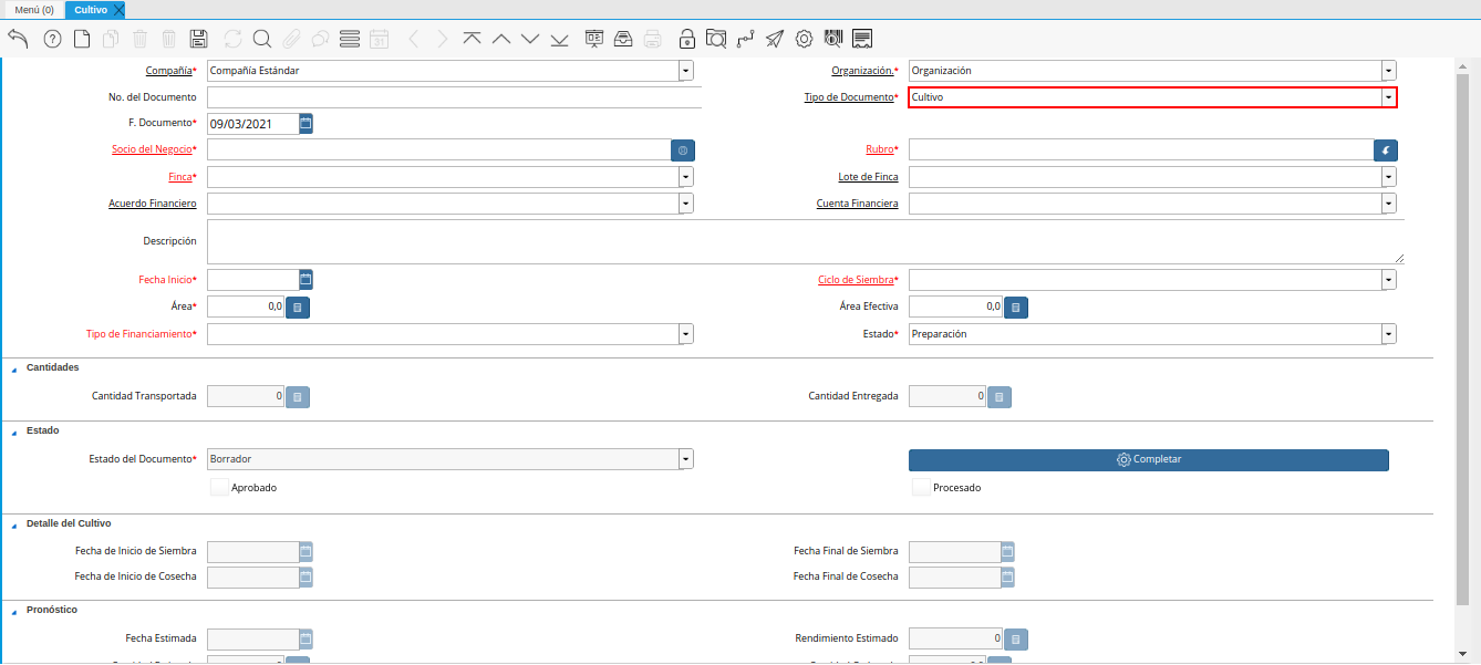 campo tipo de documento de la ventana cultivo