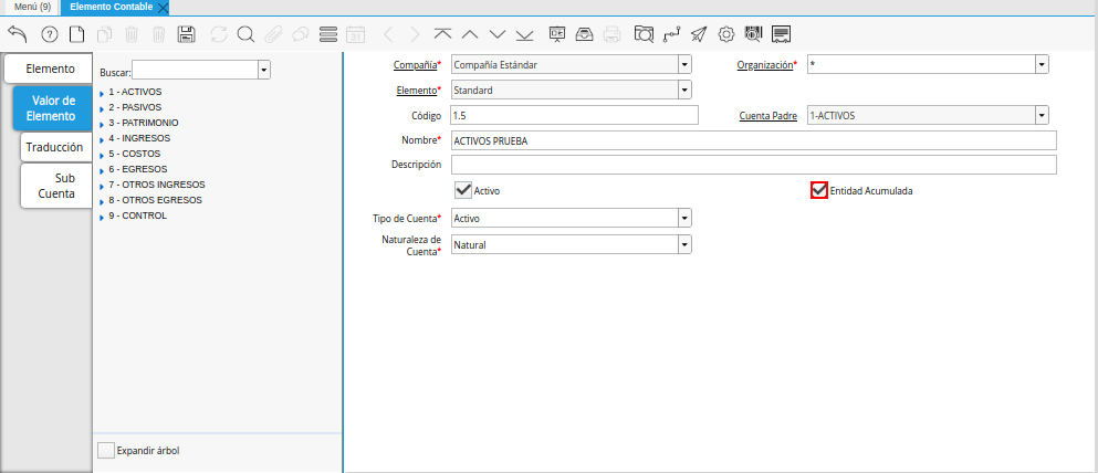 Checklist Entidad Acumulada de la Pestaña Valor de Elemento de la Ventana Elemento Contable