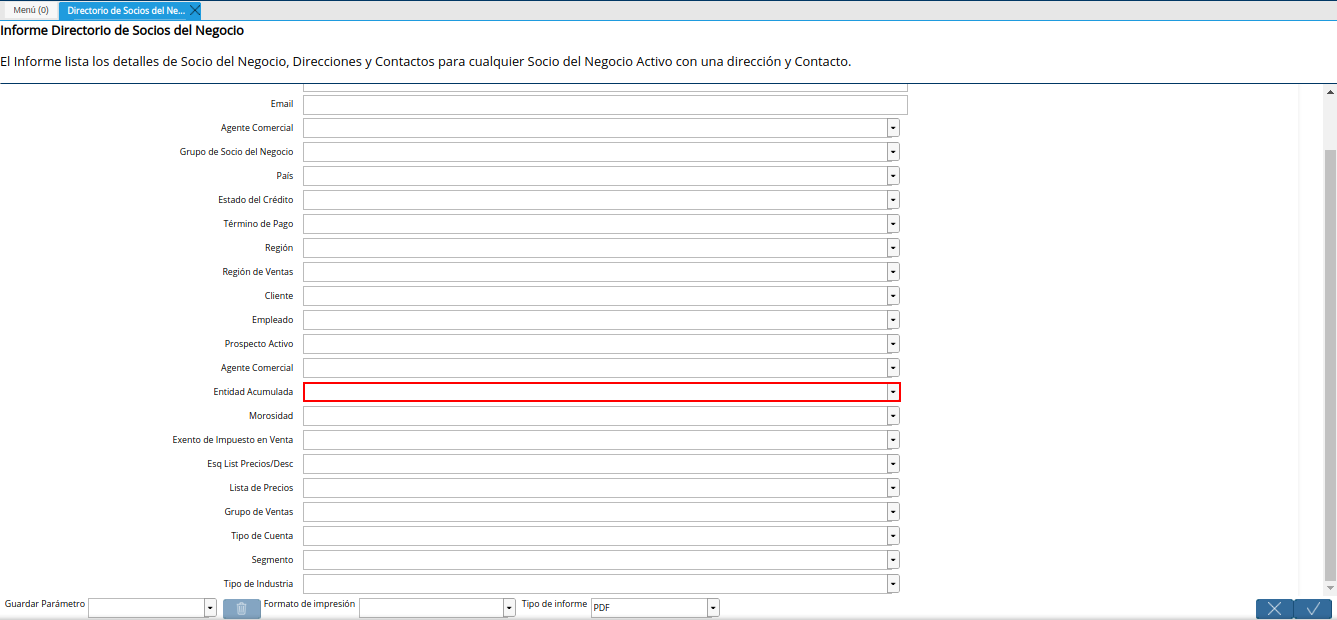 campo entidad acumulada del reporte directorio de socios del negocio