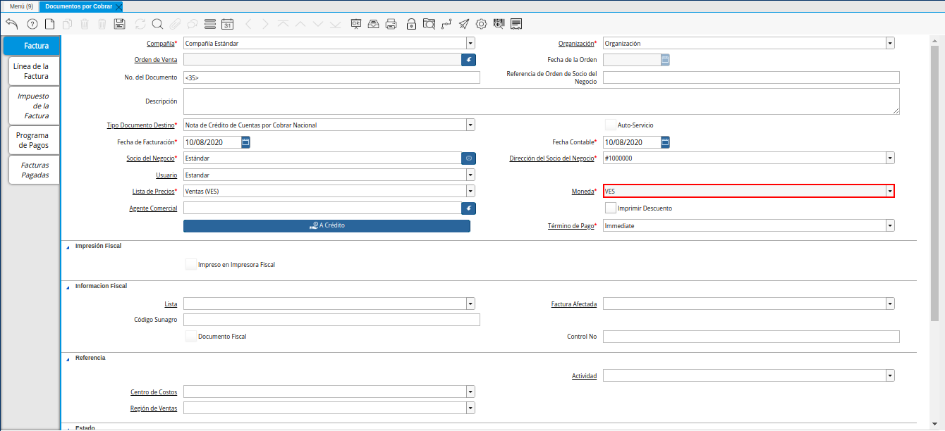 Campo Moneda de la Nota de Crédito de CxC
