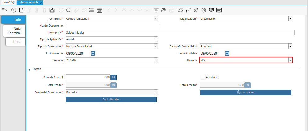 Campo Moneda de la Pestaña Lote Contable de la Ventana Diario Contable