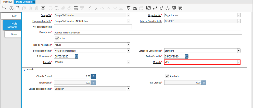 Campo Moneda de la Pestaña Nota Contable de la Ventana Diario Contable