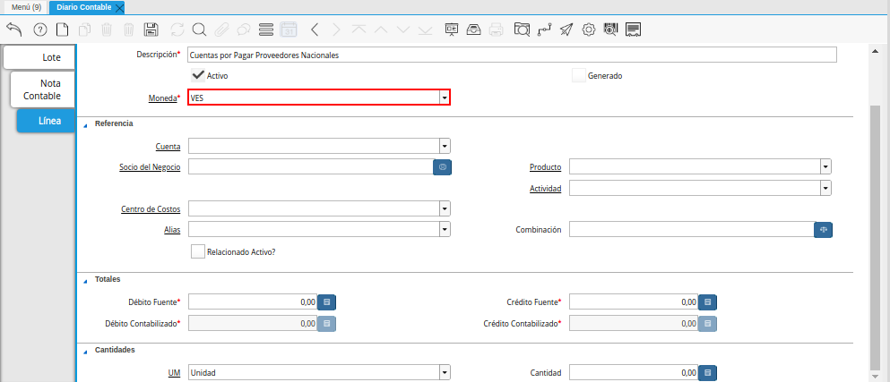 Campo Moneda de la Pestaña Línea de la Ventana Diario Contable