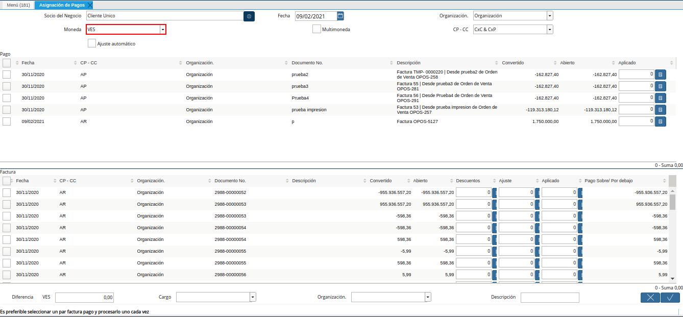 campo moneda de la ventana asignación de pagos
