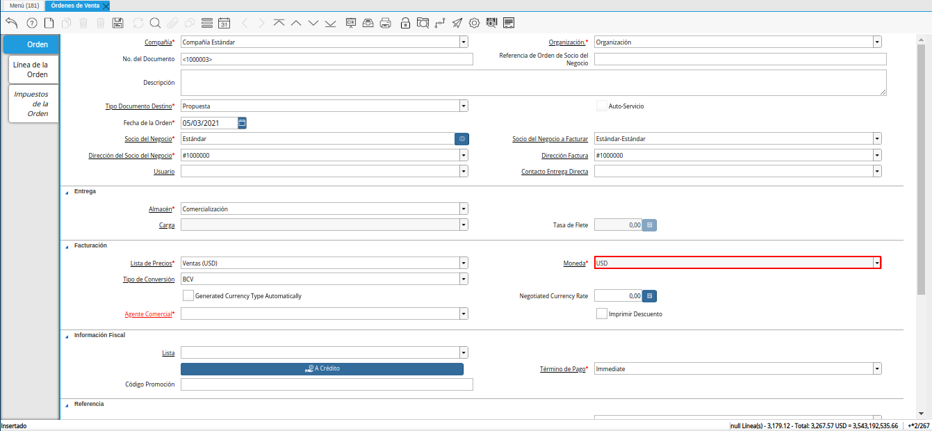 campo moneda de la ventana órdenes de venta